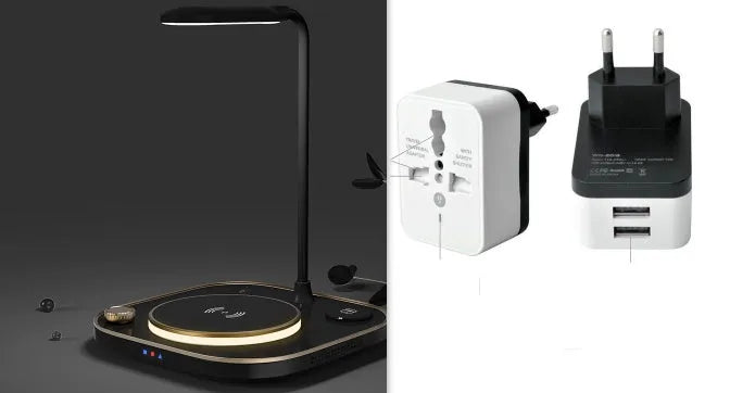Black three-in-one wireless magnetic charger with desk lamp and Type-C cable on a wood desk