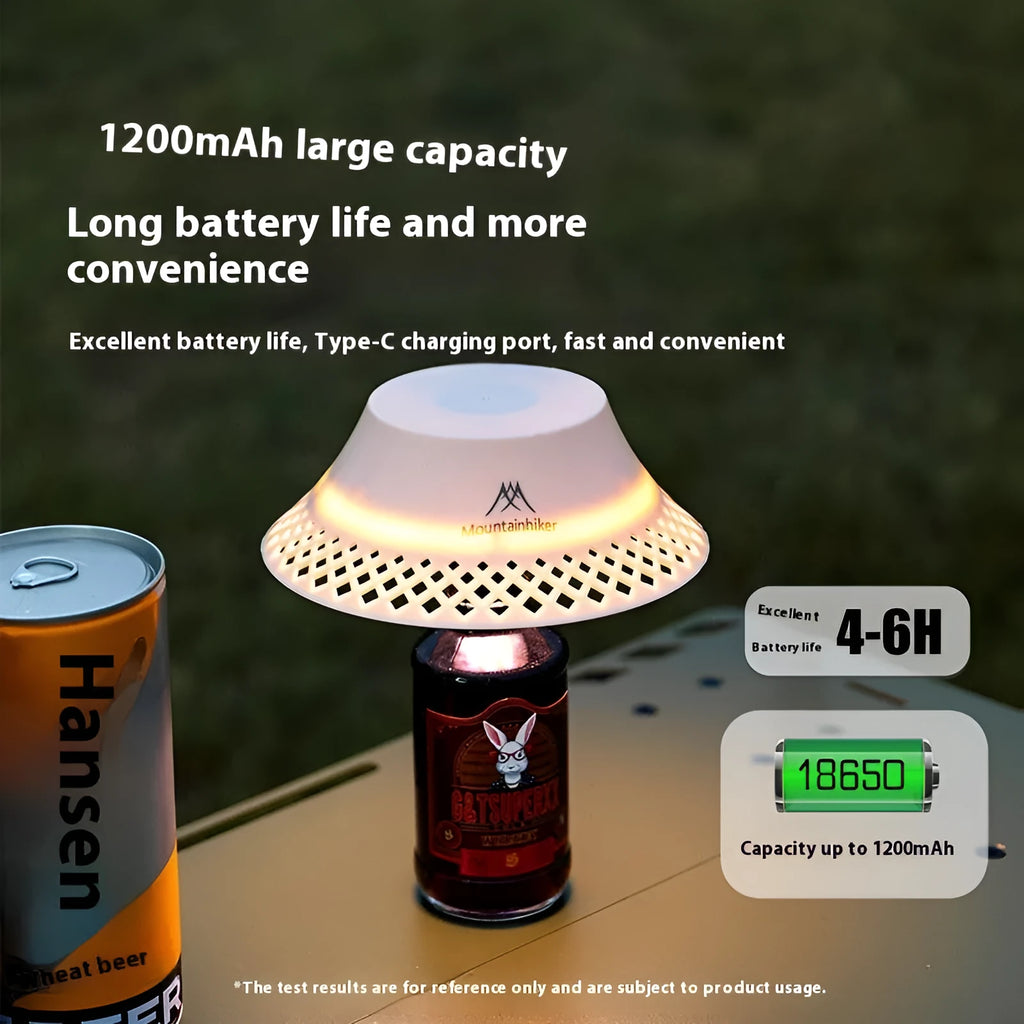 Beige wine bottle-shaped camping lantern with USB-C port and LED light on a wooden surface.