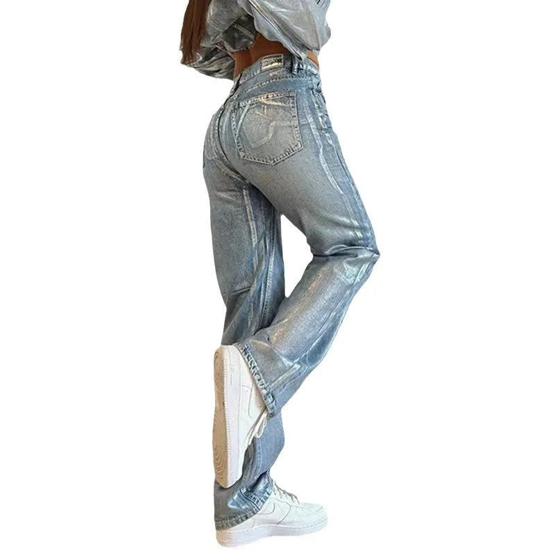 Women's high waist straight leg jeans in washed blue denim with hot silver contrast colour street hipster styling