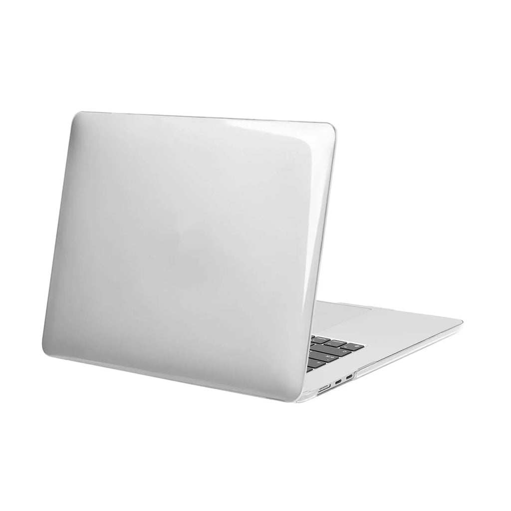 Clear plastic protective shell for a MacBook Pro laptop on a desk.