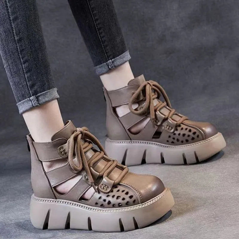 Women's black platform sandals with hollow hole design and fish mouth toe opening