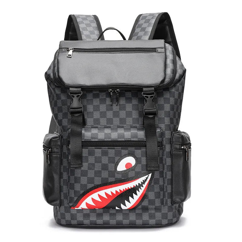 Korean style checkered pattern PU leather backpack with curved shoulder straps