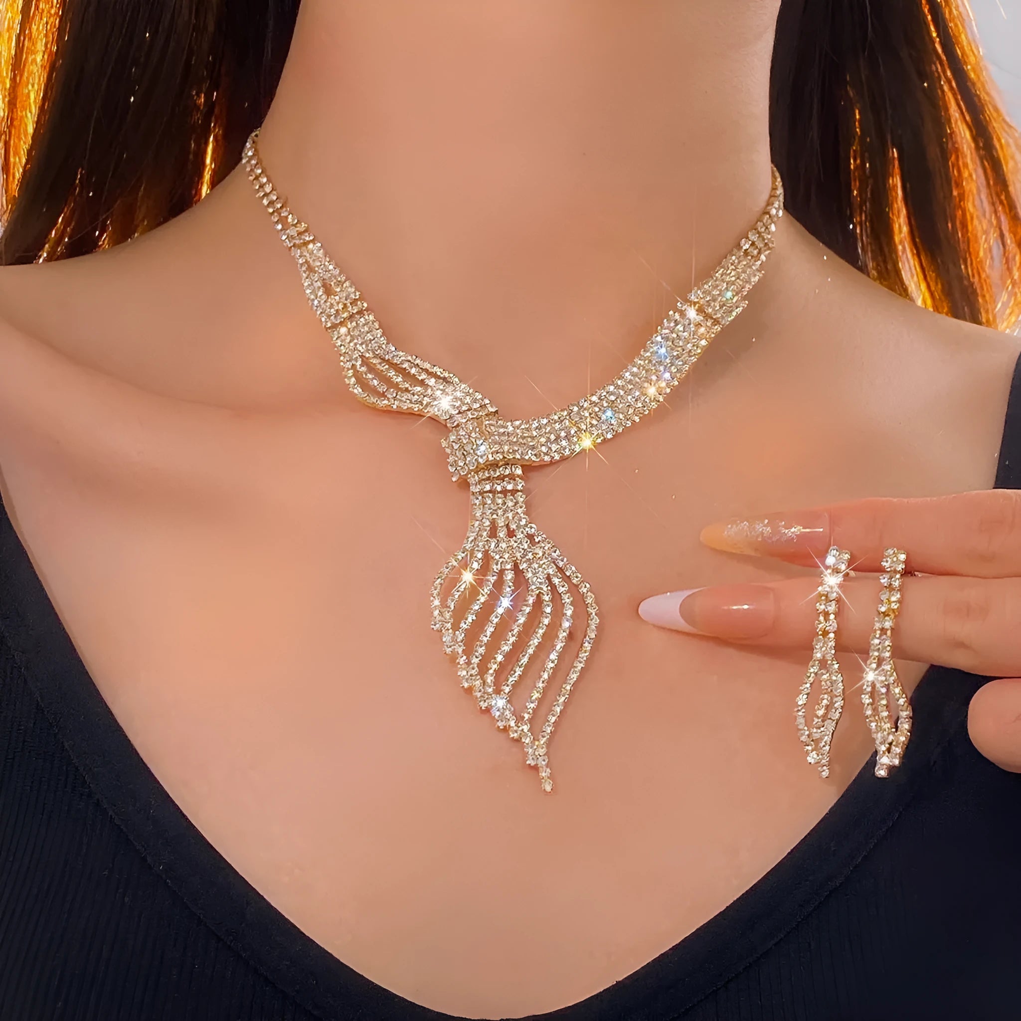 Alloy clavicle chain earrings and necklace 2-piece set gold colour women's jewellery