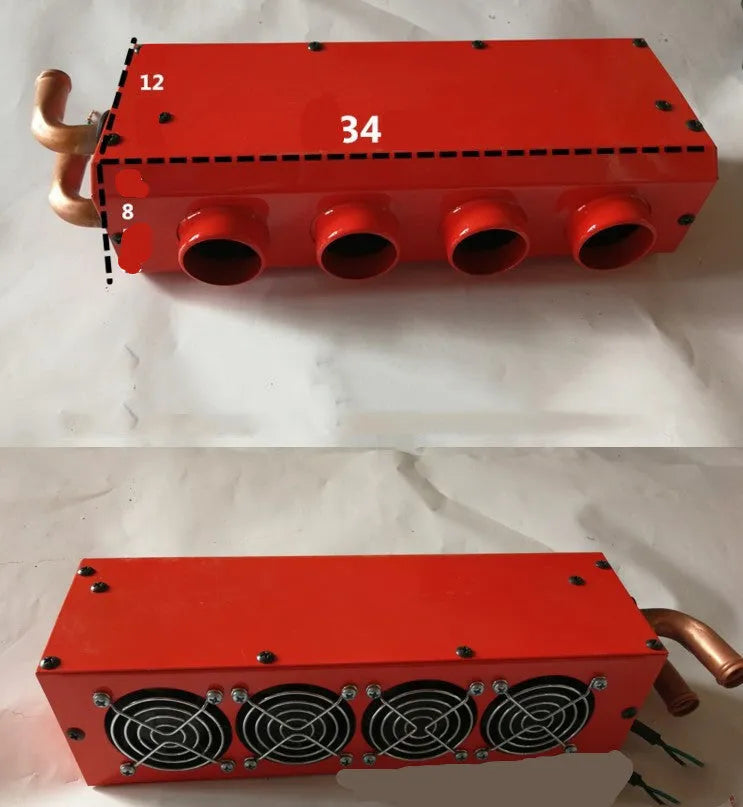 Metal car heater unit with copper pipe radiator and electrical connections for 12V 24V vehicle systems.