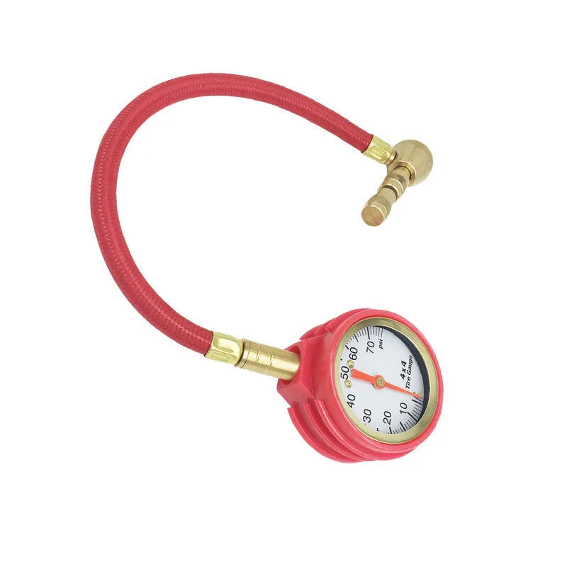 Red and black mechanical automotive tyre pressure gauge with a rapid deflation valve on a rubber shell.
