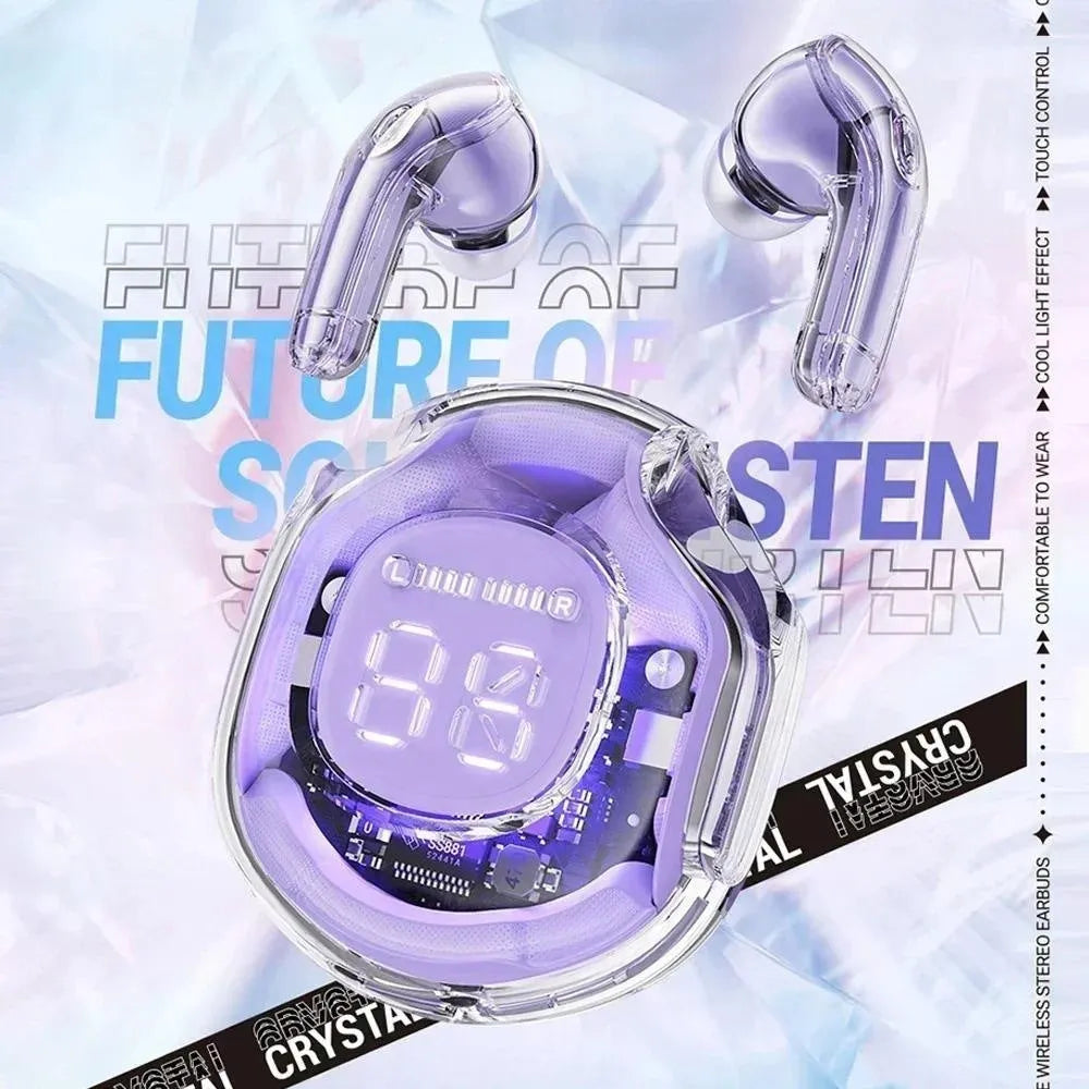 Transparent-packaged wireless Bluetooth headset in white, black, pink, sky blue, or violet, showing in-ear design.