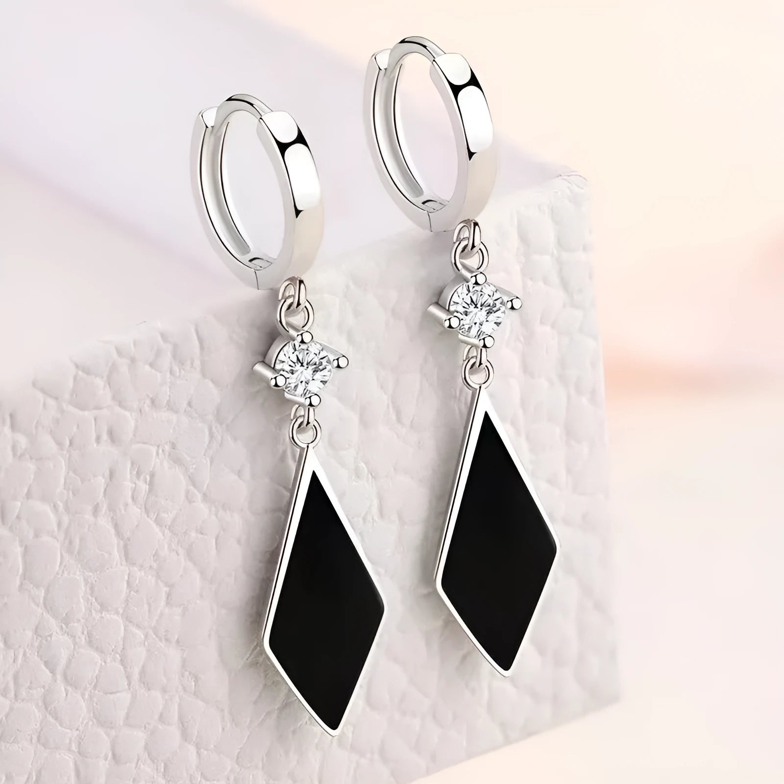 Silver geometric diamond clip-on earrings with vintage electroplated finish