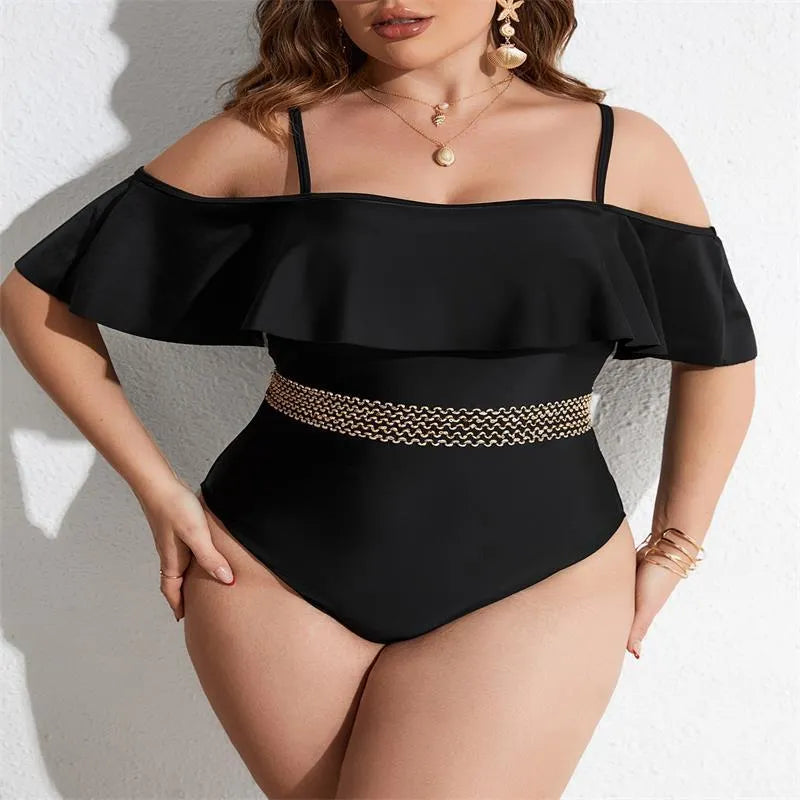 Black polyester one-piece swimsuit for women on a mannequin, showing full-coverage plus-size design.