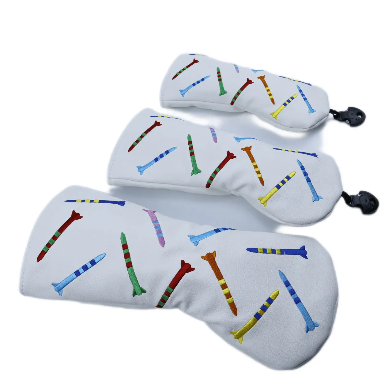 Wooden golf putting trainer set with three guide poles on a PU surface, shown in black and white colour options.
