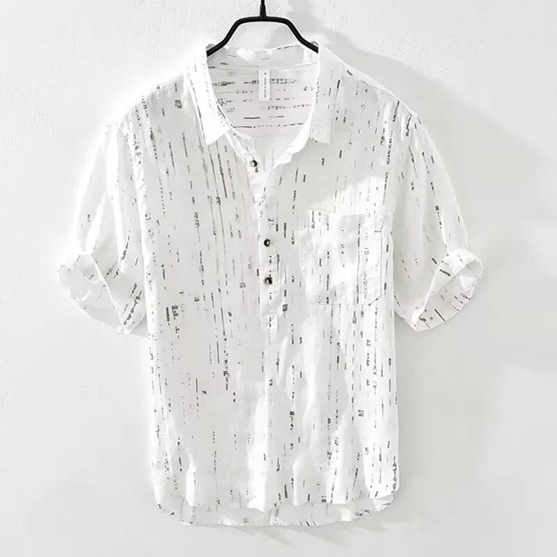 Men's loose fit black lapel polo shirt on a hanger, short sleeves, casual style.
