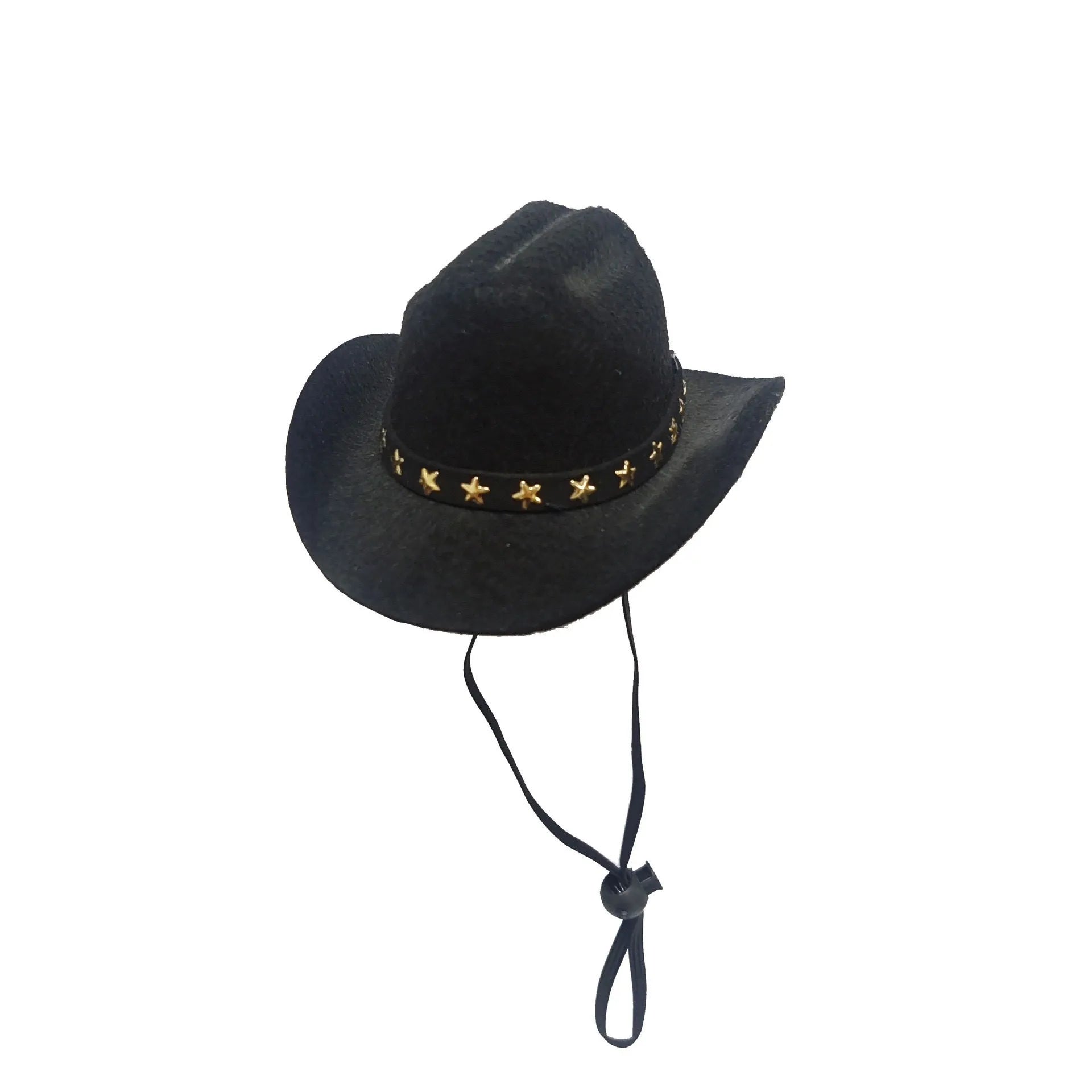 A black pet cowboy hat with a star decoration, shown with adjustable straps, sized for a cat or dog.