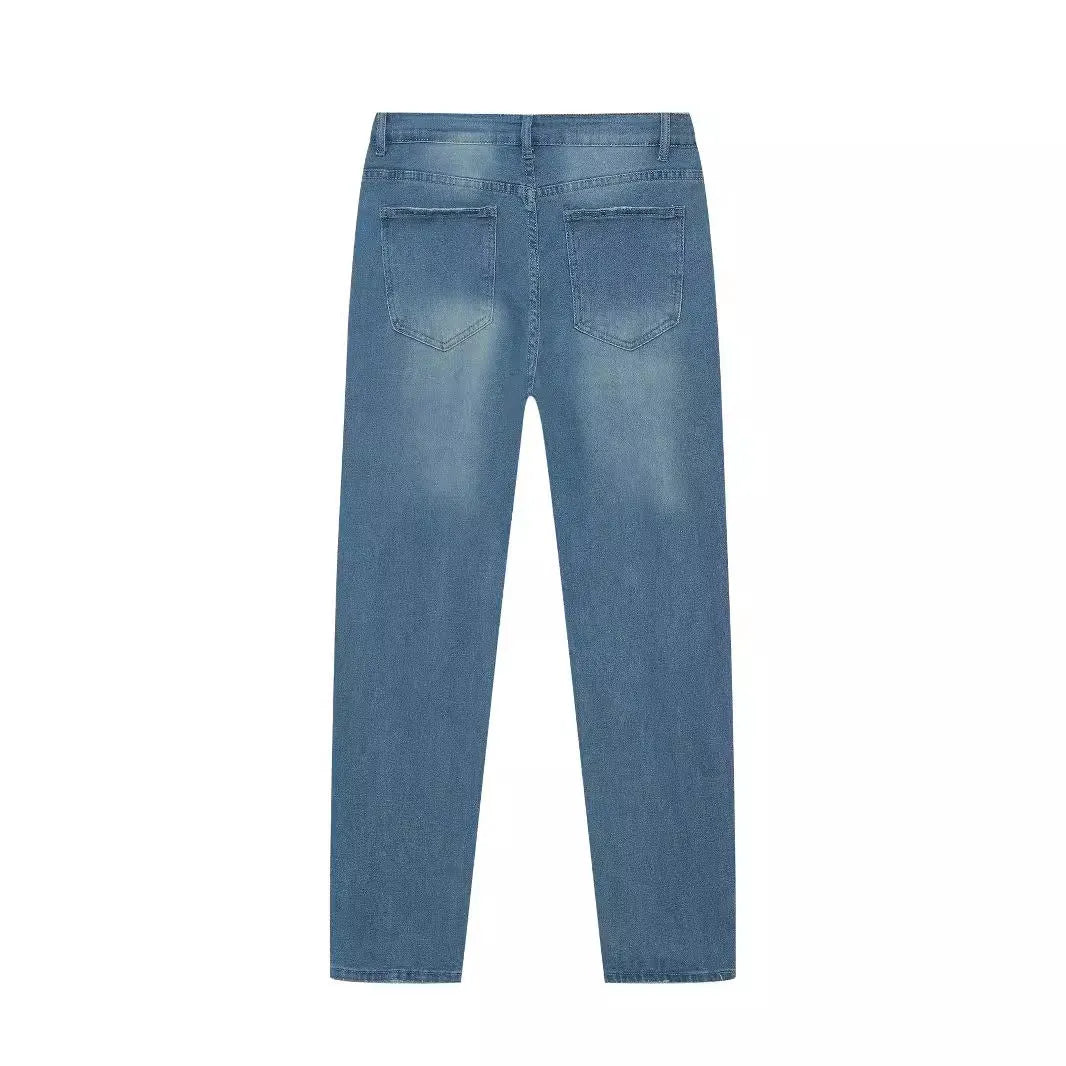 Men's blue cotton denim skinny jeans with medium elasticity, available in sizes S to XXL.