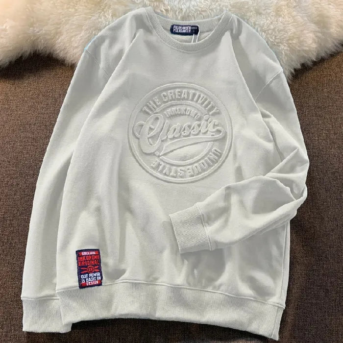 Cotton pullover sweater with scale concave-convex print in loose fit