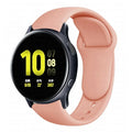 Close-up of a Samsung Galaxy Active 2 watch with a purple reverse buckle silicone strap, showing the inner buckle clasp.