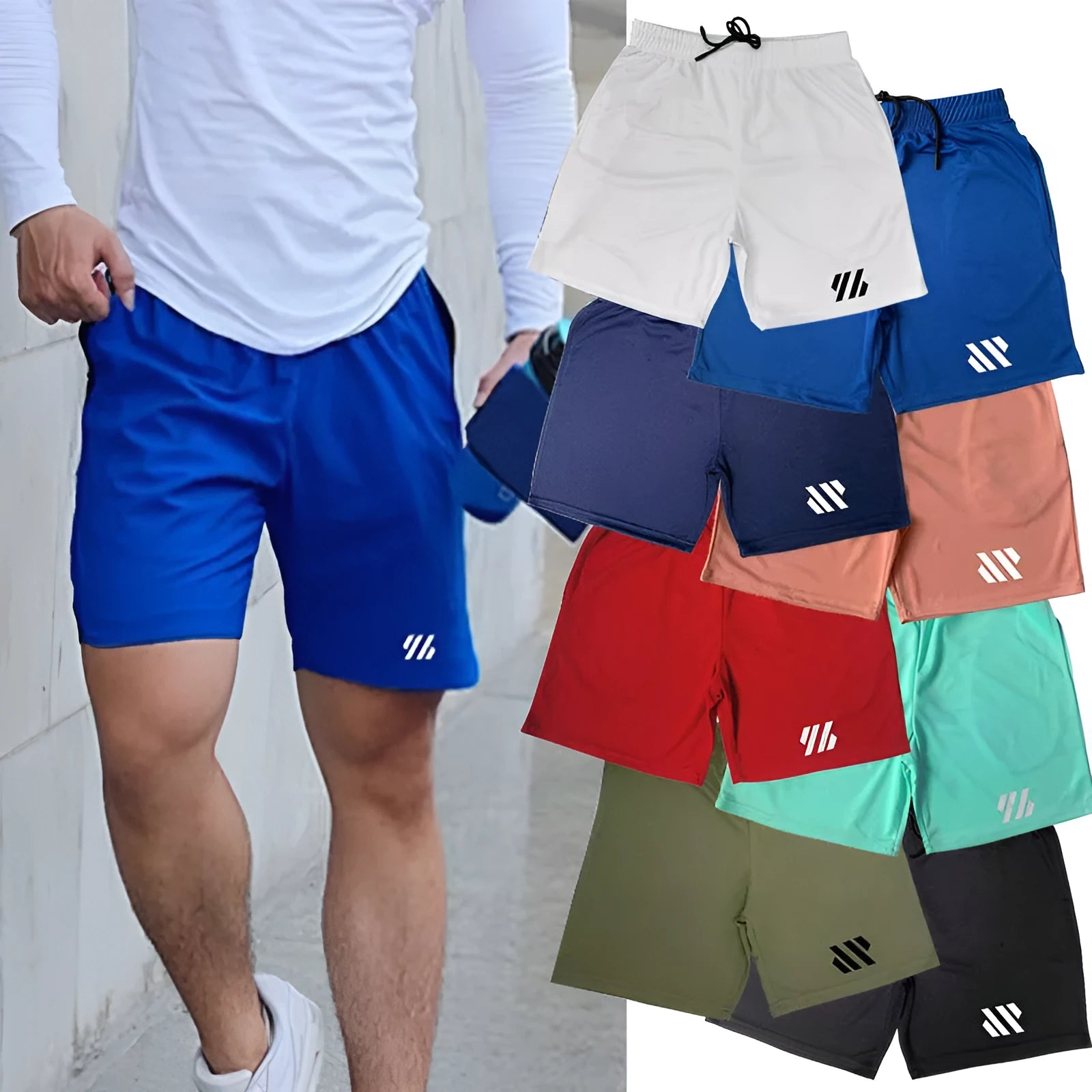 Man's loose-fit metal silk sports shorts in various colours on a hanger.