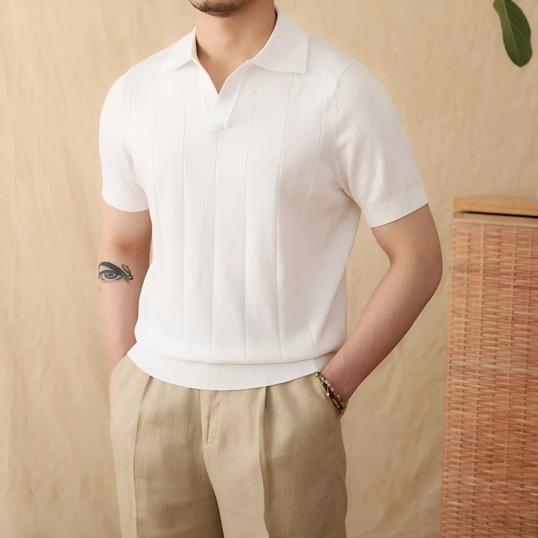Short sleeve polo top with seagull collar in sunken stripe knitted ramie and cotton blend fabric