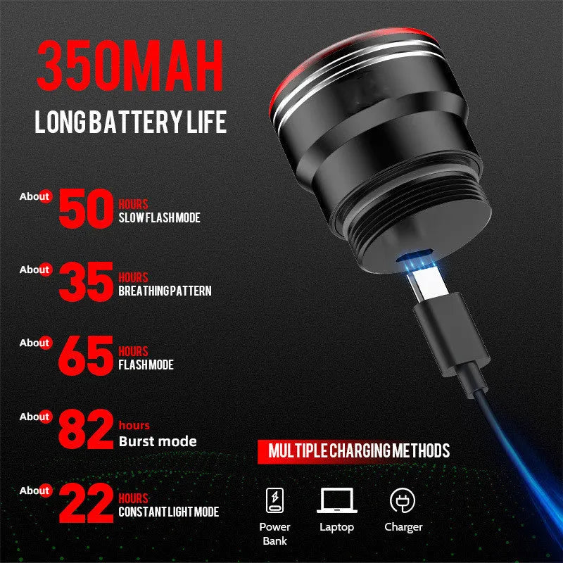 Black aluminium alloy USB rechargeable smart brake sensing bicycle tail light showing dimensions