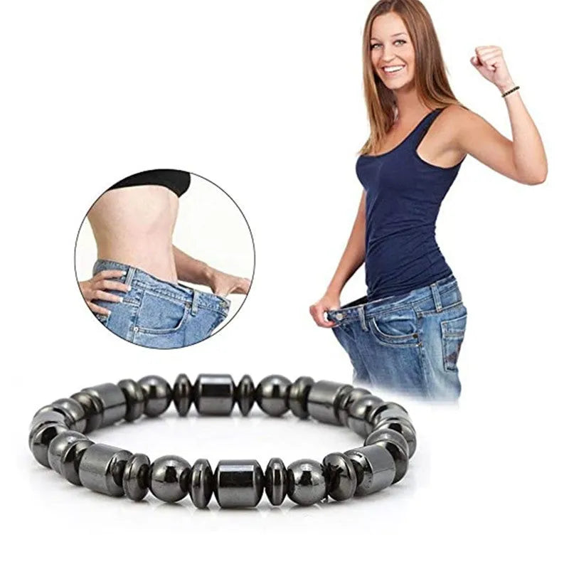 Black pentagram magnetic therapy bracelet with magnetite and hematite stones on stretch band