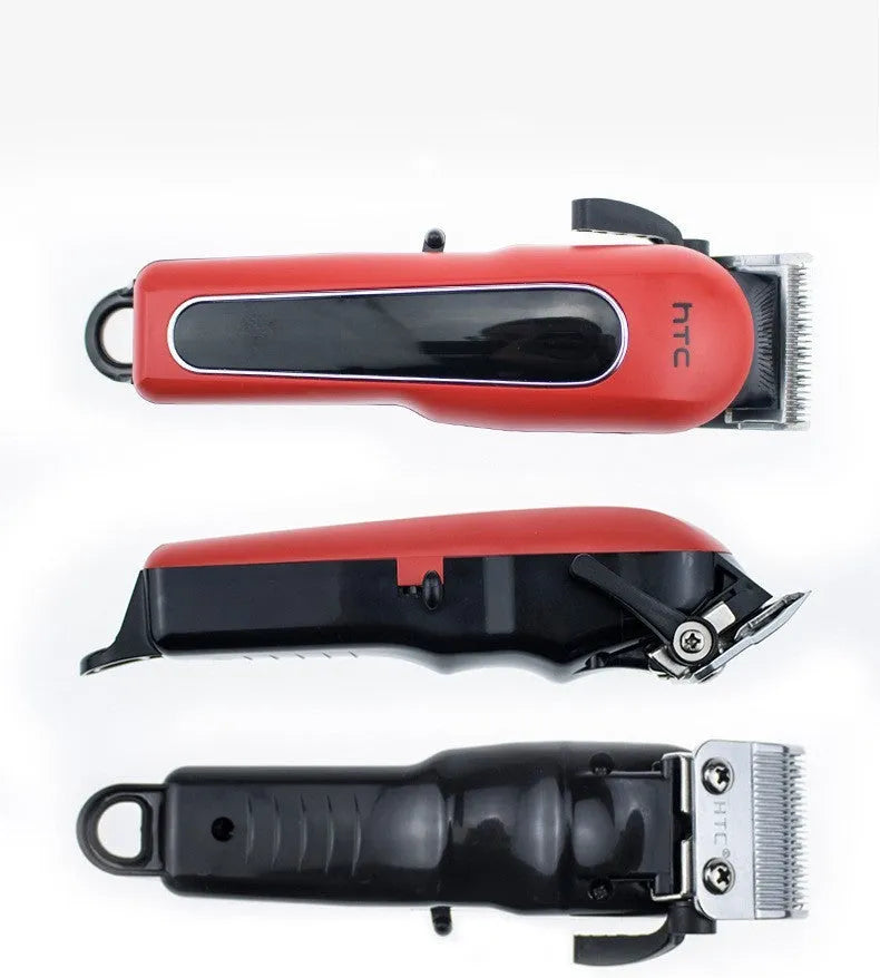 Professional digital electric hair clipper in black with four limiting combs and accessories for home grooming