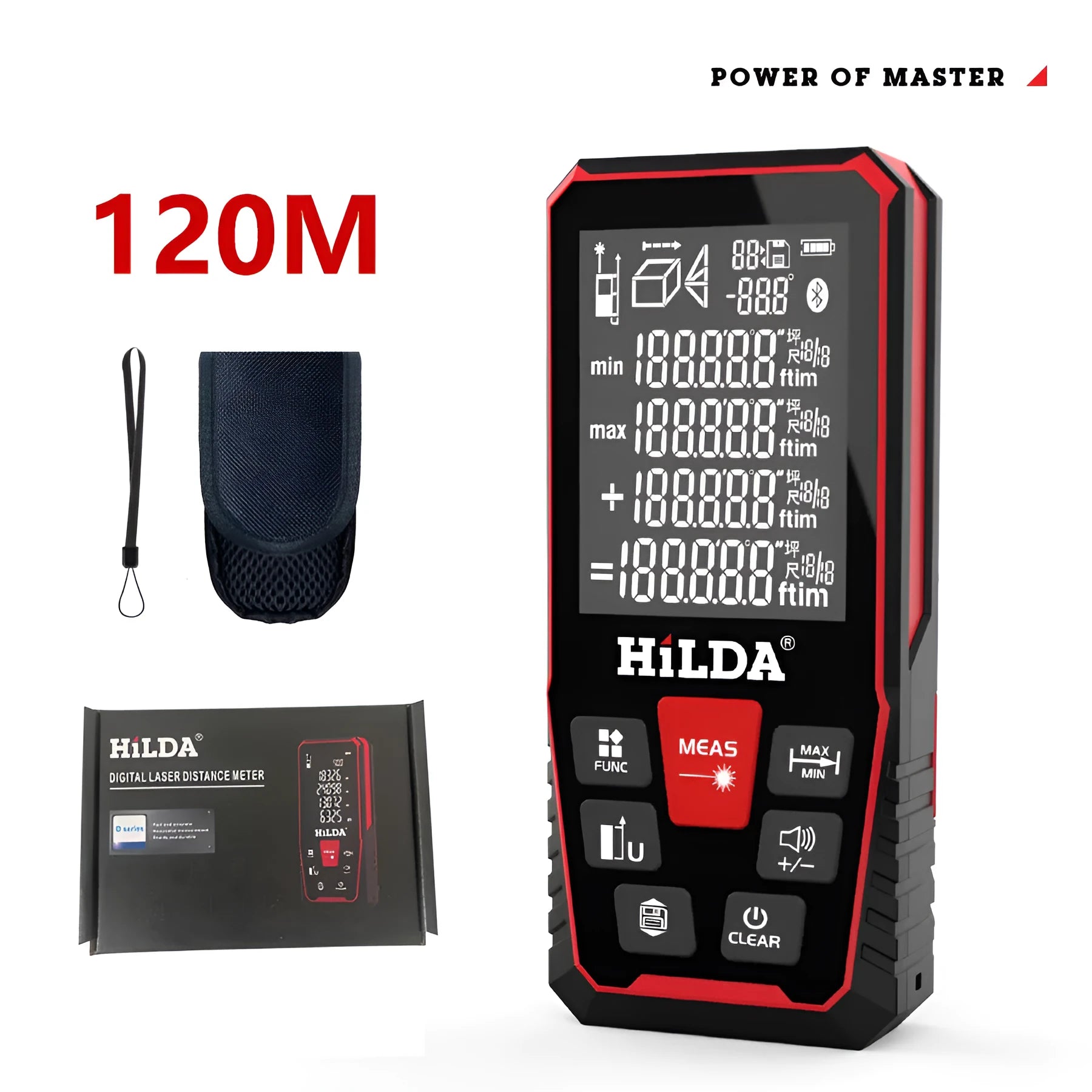 Handheld plastic laser rangefinder for distance measuring up to 120 metres.