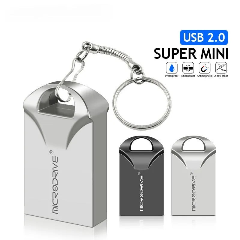 Mini black and silver metal USB flash drive showing compact size and USB connector.