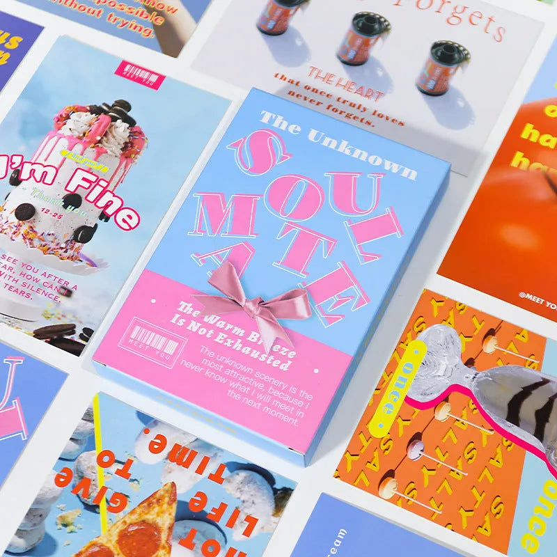 Box of fresh style creative postcards showing two different printed message designs.