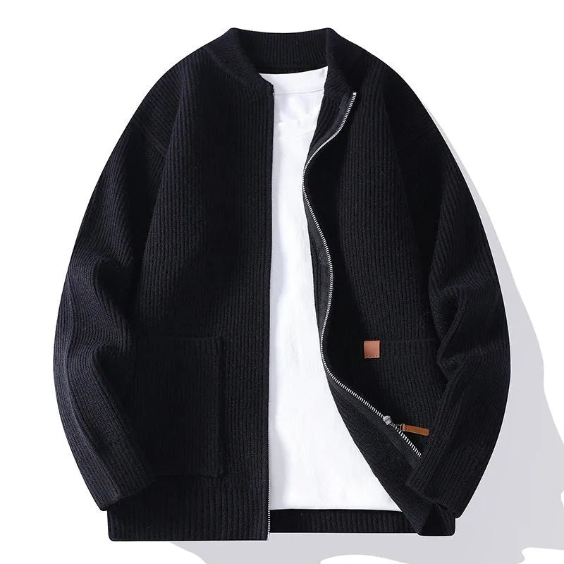 Men's straight-fit striped sweater cardigan in a choice of five colours on a size chart.