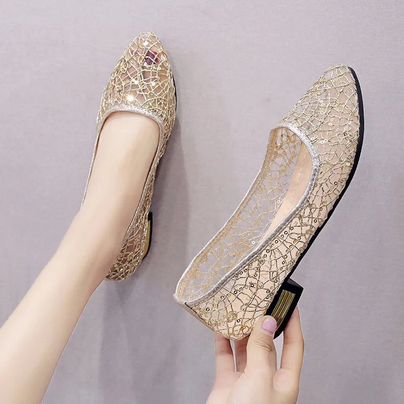 Women's low-cut summer casual flats in solid silver or gold, breathable microfiber and composite, sizes 35-42