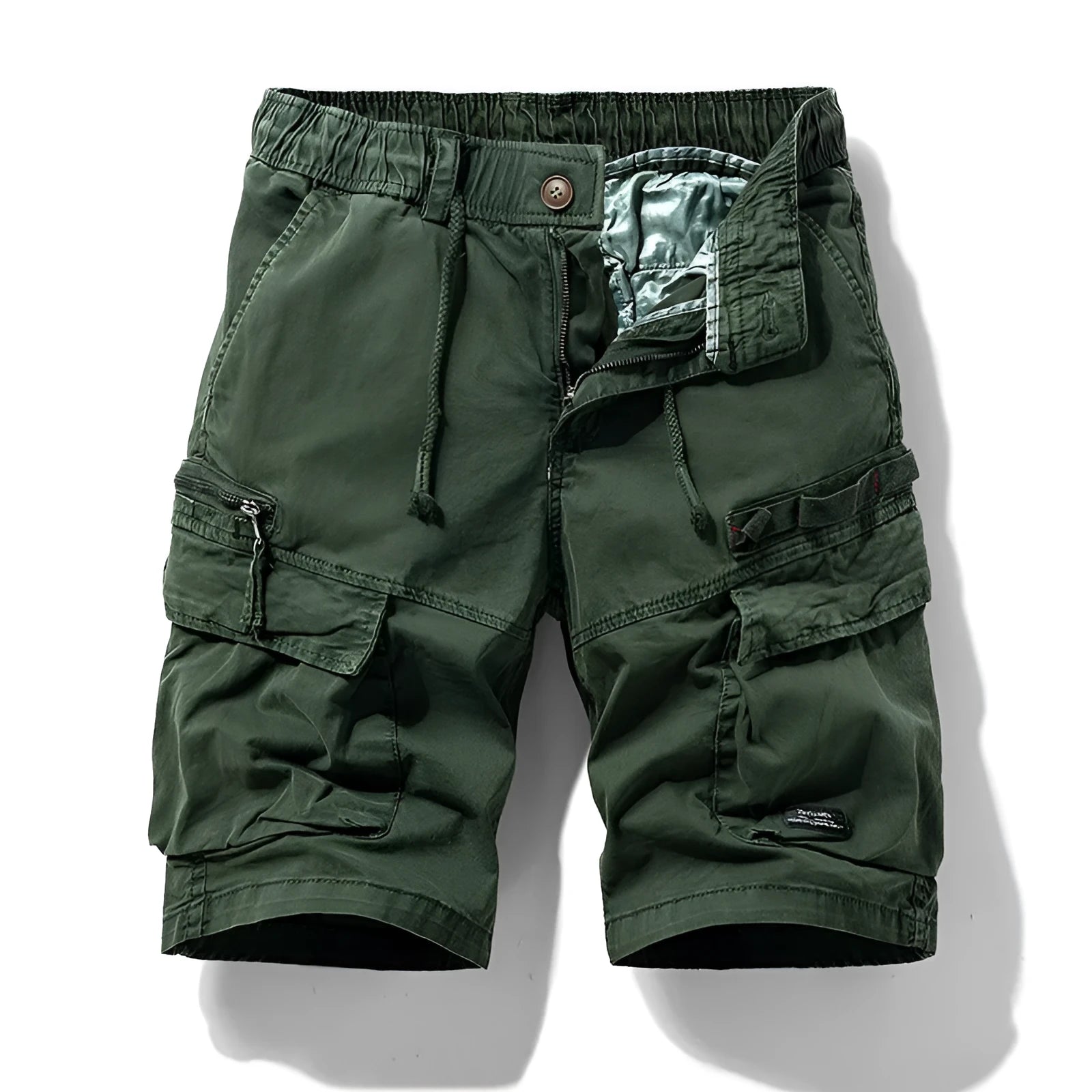 Men's army green cotton shorts with zipper and multiple pockets, shown in a Korean style fit.