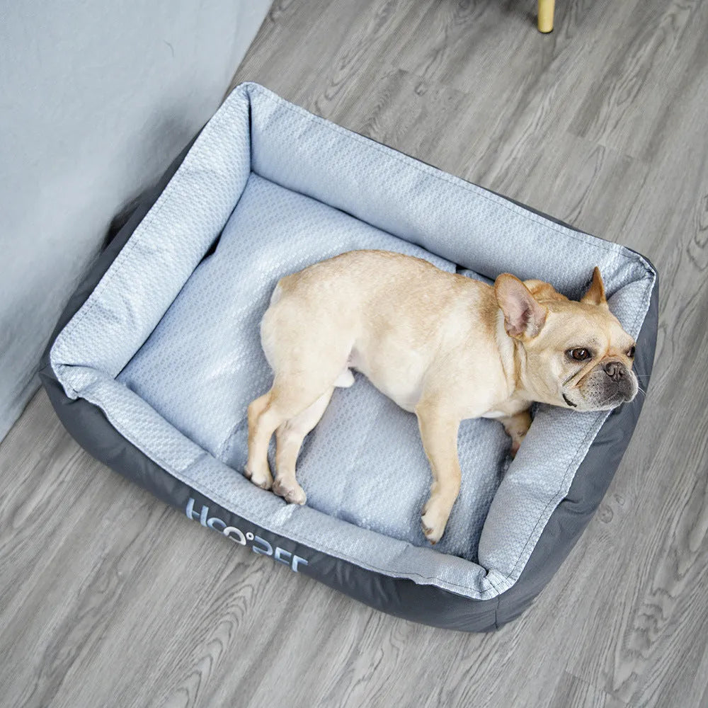 Soft grey pet bed with removable cover shown in small, medium, and large sizes for dogs and cats