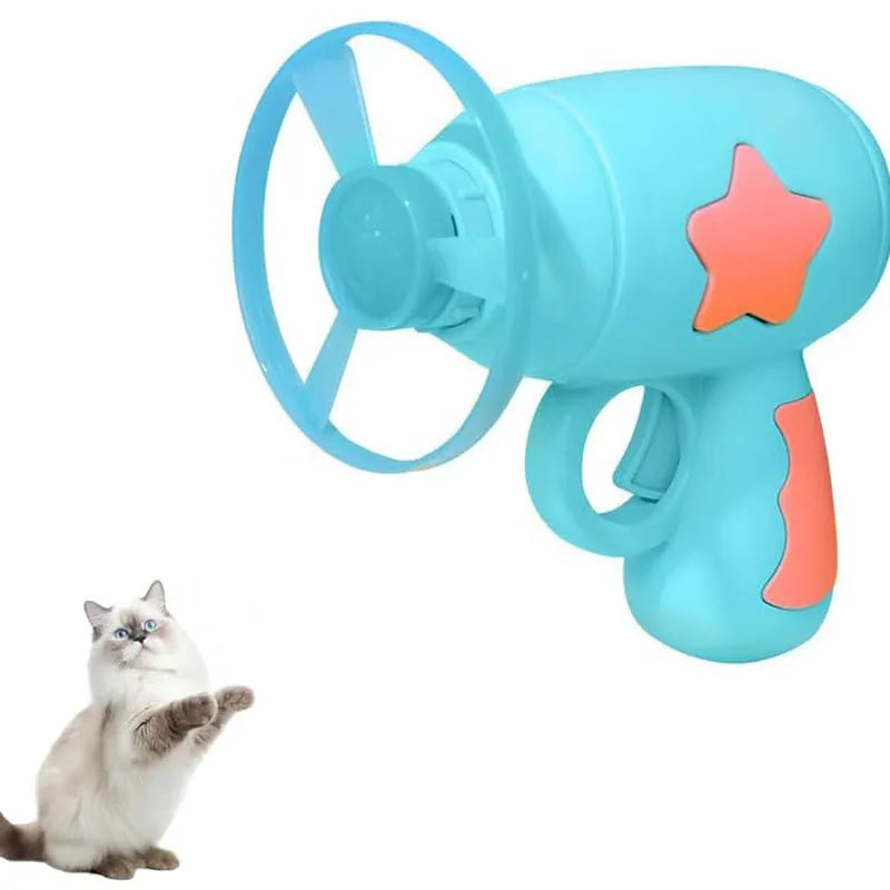 Blue plastic cat toy gun with spinning Frisbee launcher for indoor cats