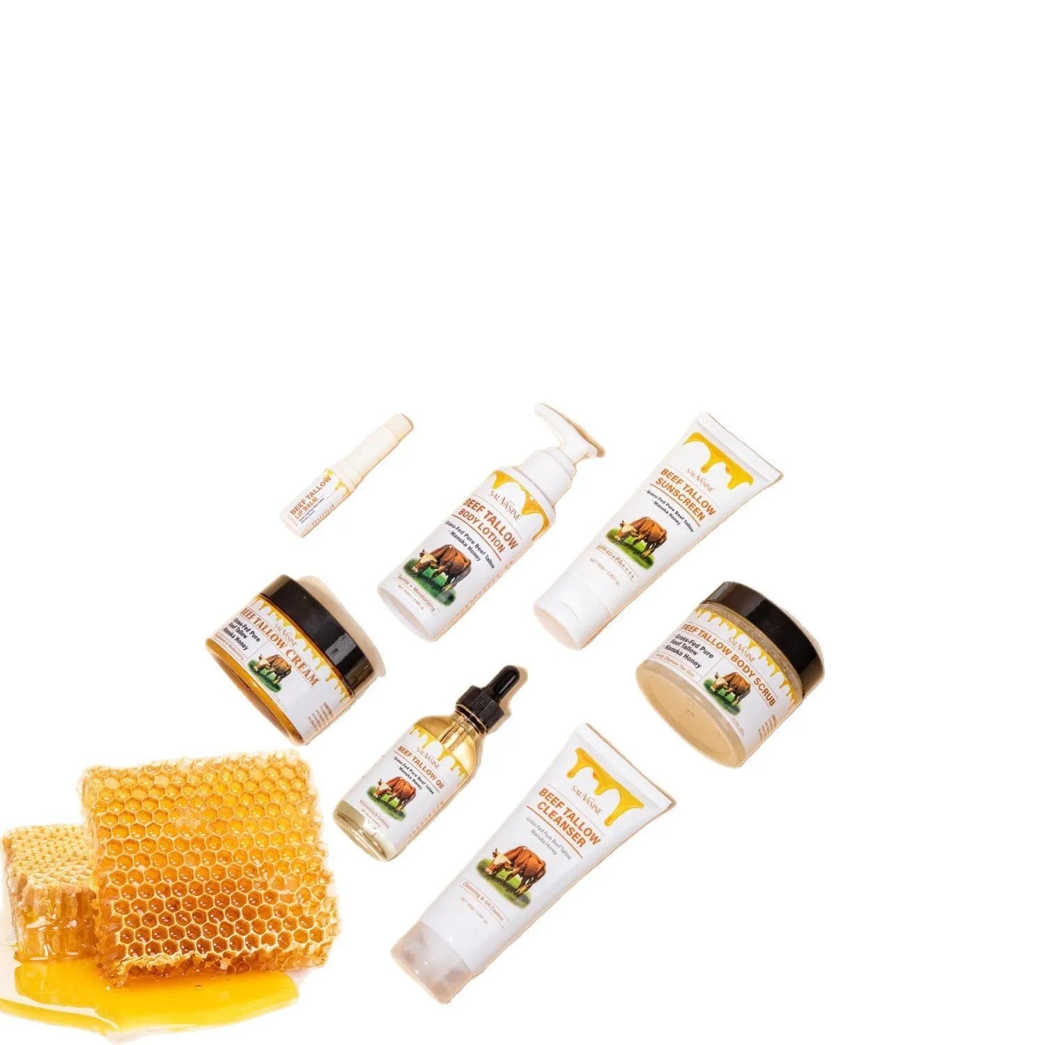 Butter Honey seven-piece skincare set showing facial cleanser, face cream, lip balm, protective cream, body lotion, facial scrub and beef tallow