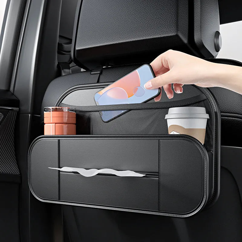Black leather car seat back storage organiser bag with customisable pockets