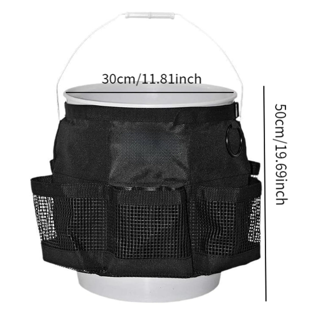 Black cylindrical polyester buggy storage bag hanging from a 5-gallon barrel.