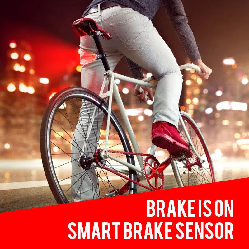 Black aluminium alloy USB rechargeable smart brake sensing bicycle tail light showing dimensions