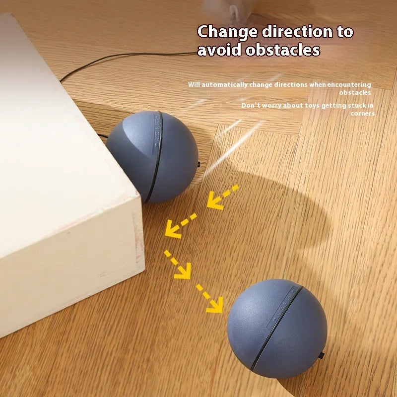 Blue orange automatic cat teasing ball with plush mouse attachment rolling on floor