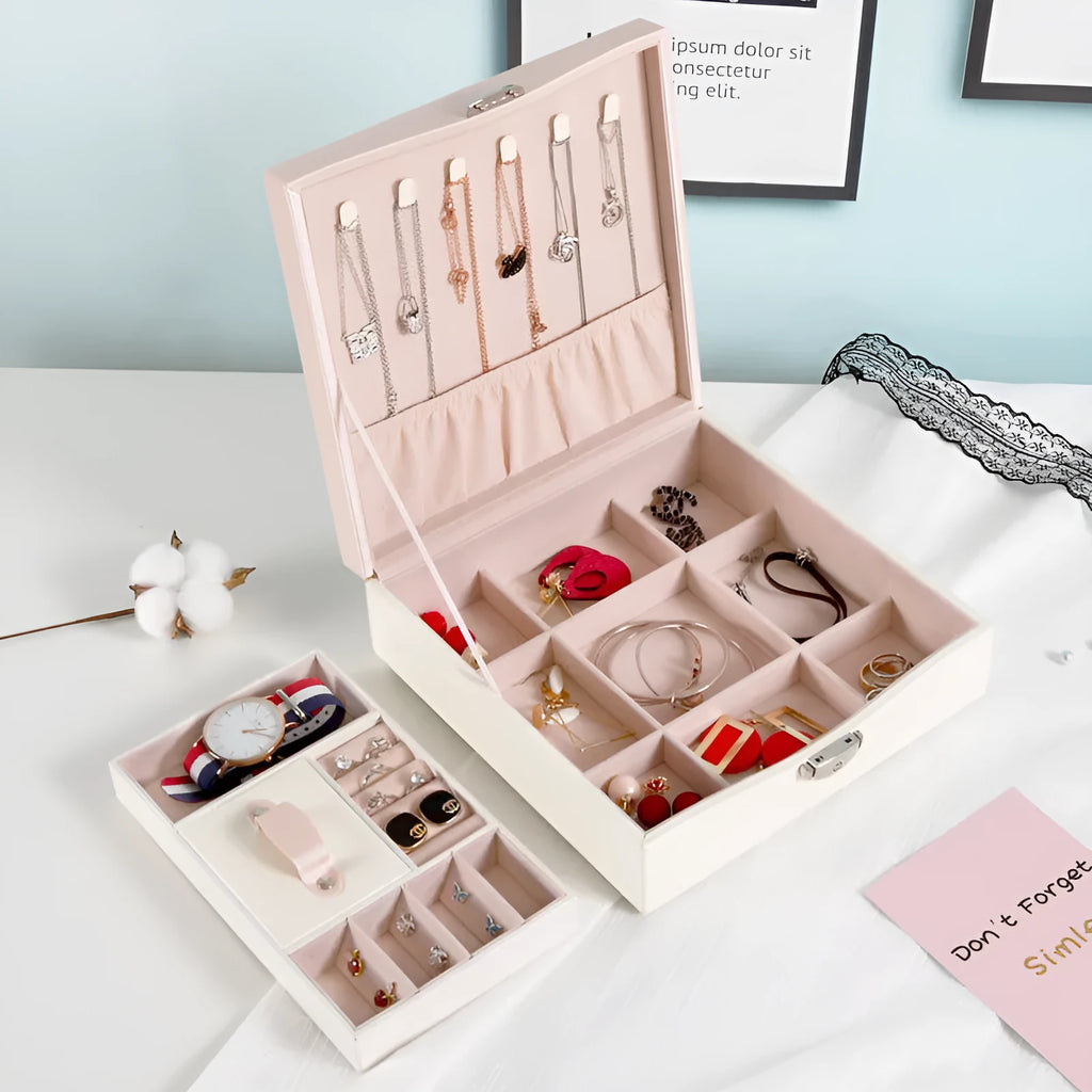Red and white large capacity PU jewellery storage box for necklaces and rings.