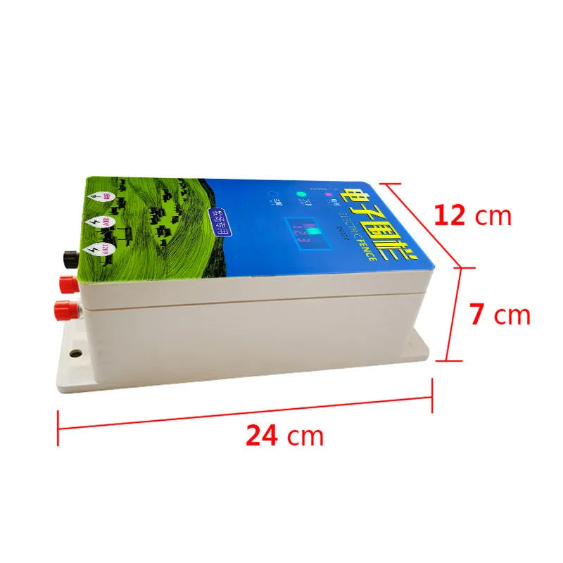 Pasture electric fence control host unit with alarm display and solar panel for livestock containment.