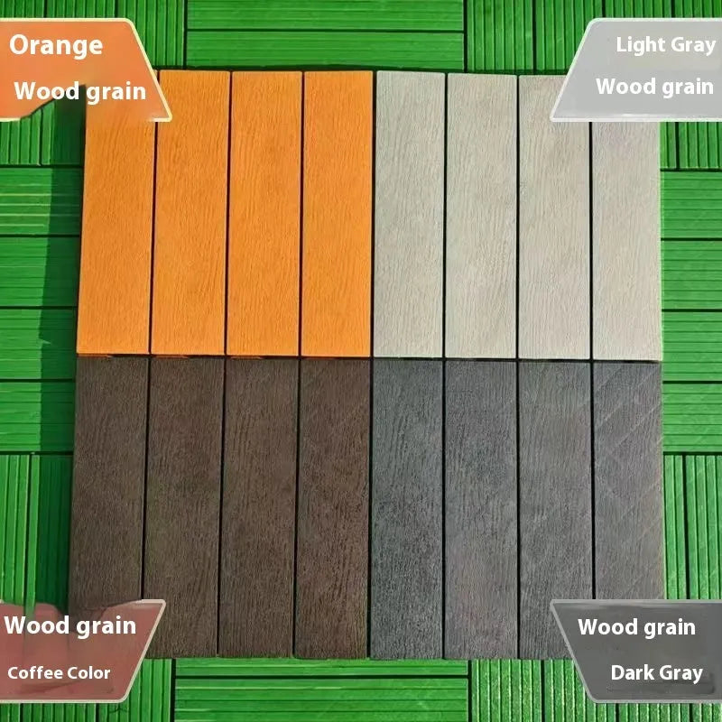 Plastic interlocking floor tile with wood grain finish and non-slip surface, 300mm x 300mm size