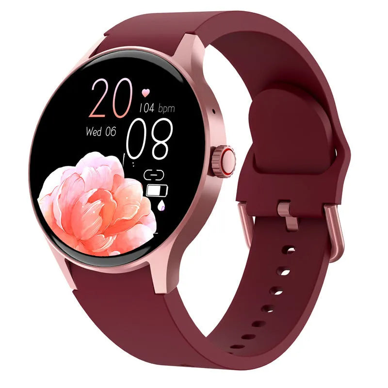 Smart Bluetooth sport watch with round screen shown in black, blue, pink, and red colour options.