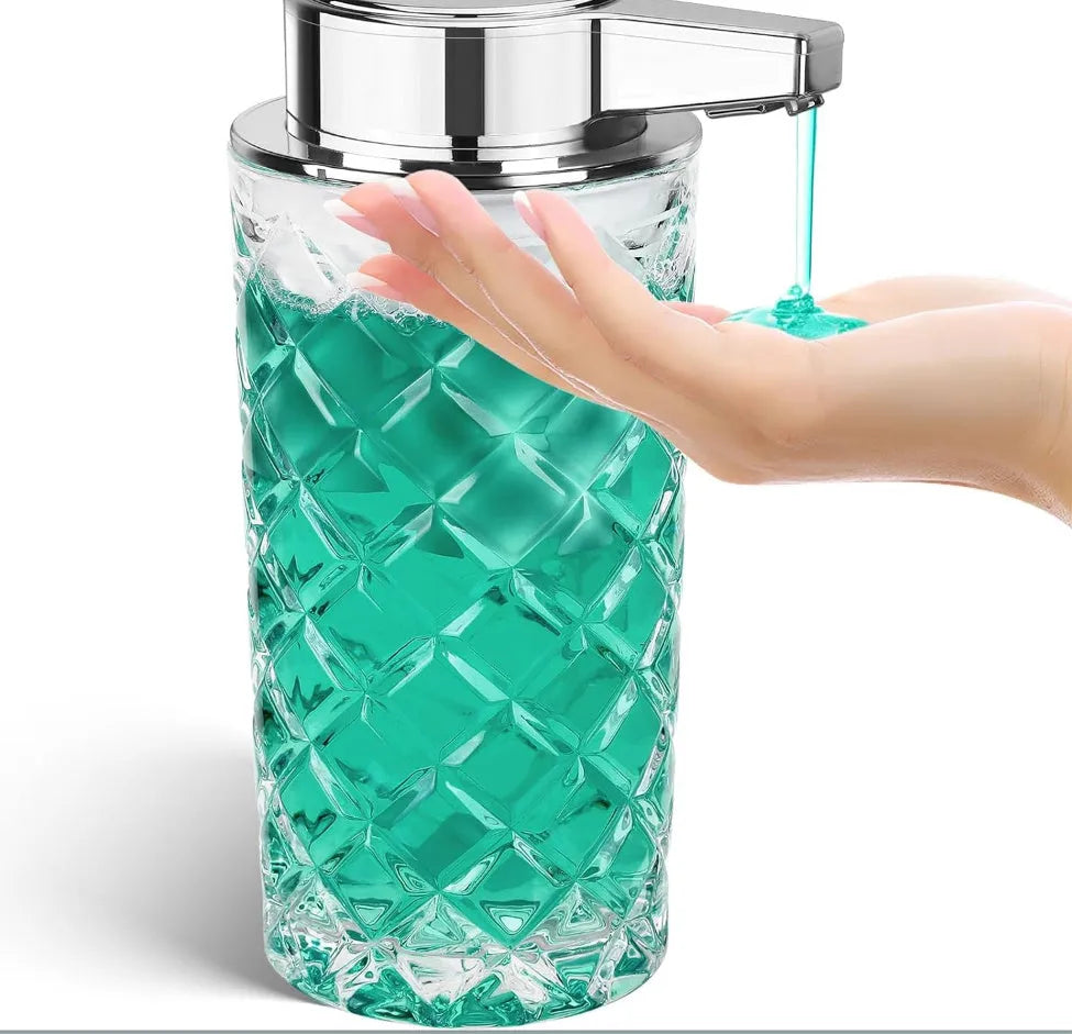 Silver automatic sensor soap dispenser with USB Type-C charging port on countertop.
