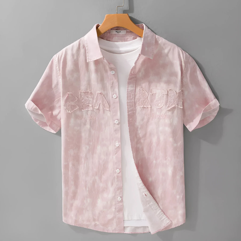 Men's grey white hanging dyed printed cotton cardigan with short sleeves and loose fit