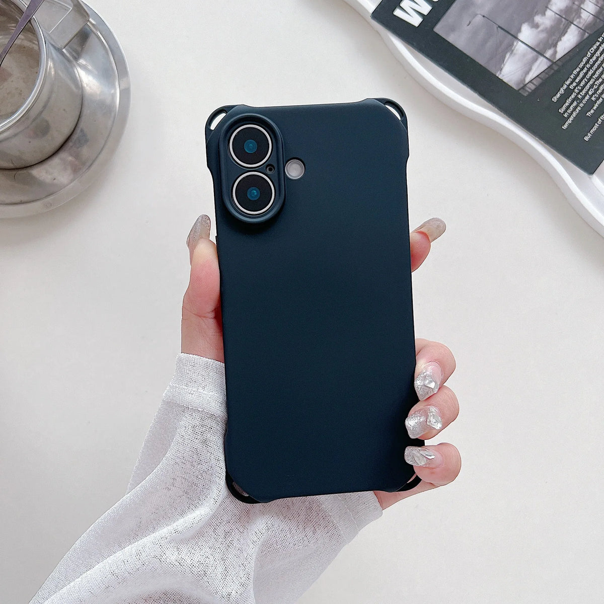 Four-corner cross lanyard liquid silicone iPhone case in black, antique white, pink, Camellia red, cobalt blue, Primrose purple or dark purple