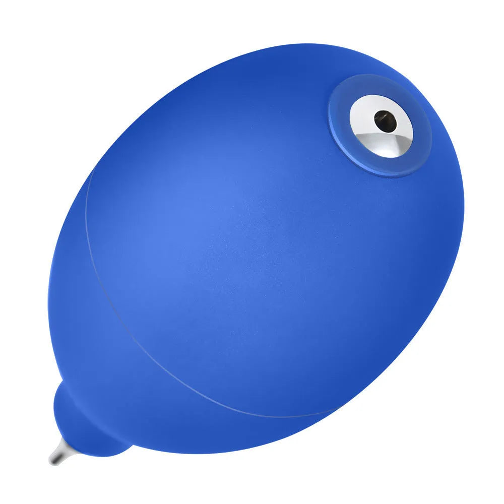 Blue handheld rubber dust blower cleaning tool for camera lenses and mobile phones.