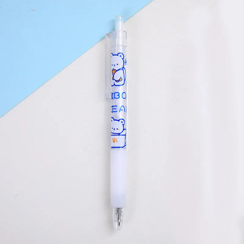 A pack of six colourful bear and rabbit character press pen knives on a white background.