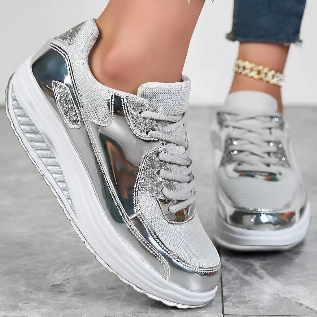 Women's outdoor travel leisure shoes in gold with mesh upper and round toe