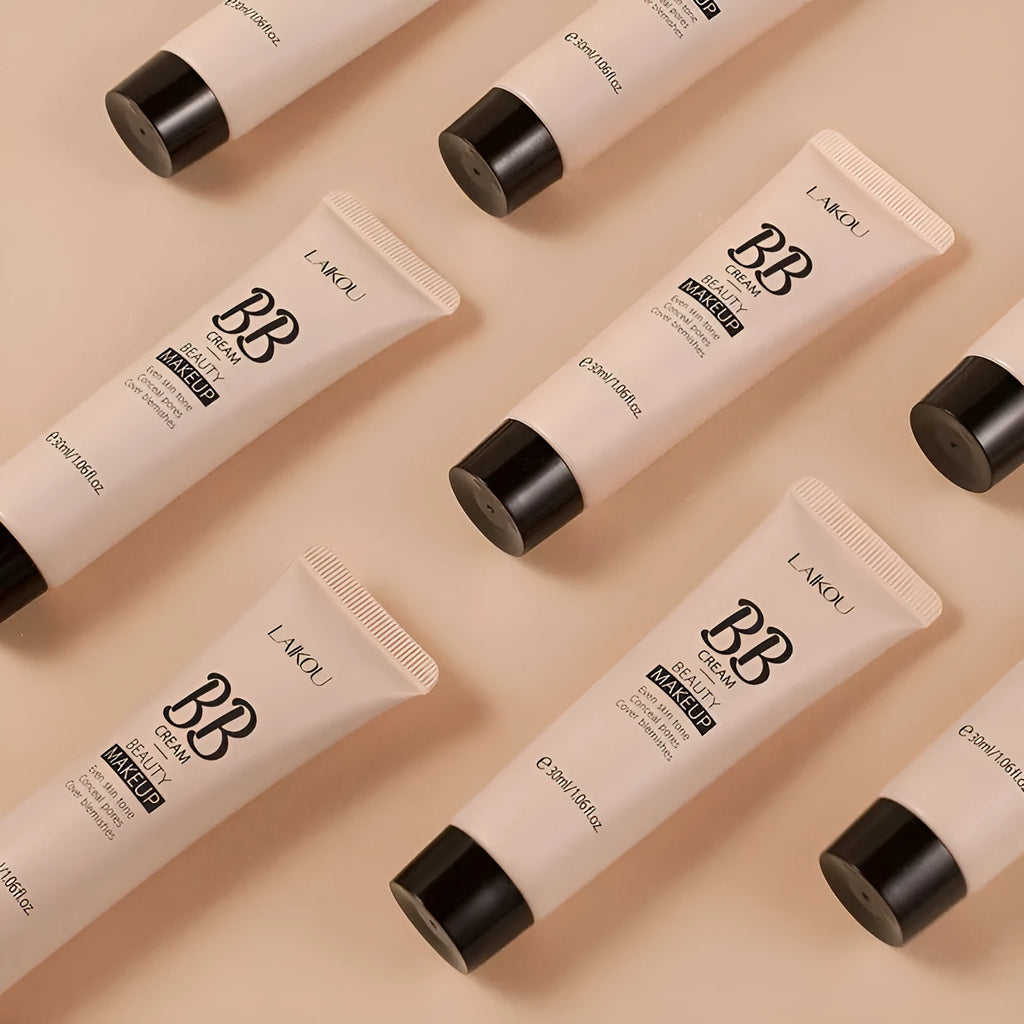 30ml tube of BB cream shown with swatches of its nine shades from light to dark.