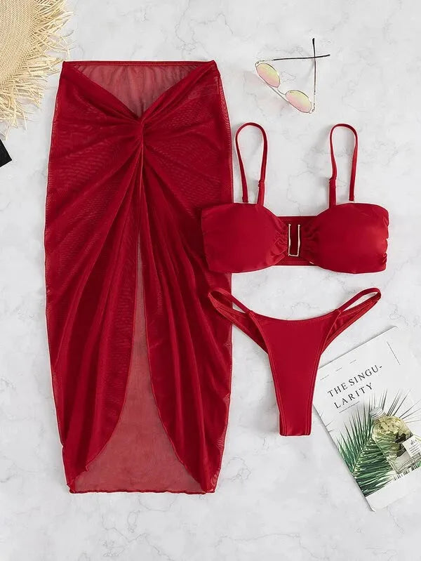 Multicolour French style bikini three-piece set with long culottes in eight colour options