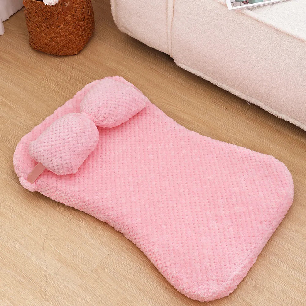 Soft plush pet bed mat with attached pillow in grey, available in sizes S to XL