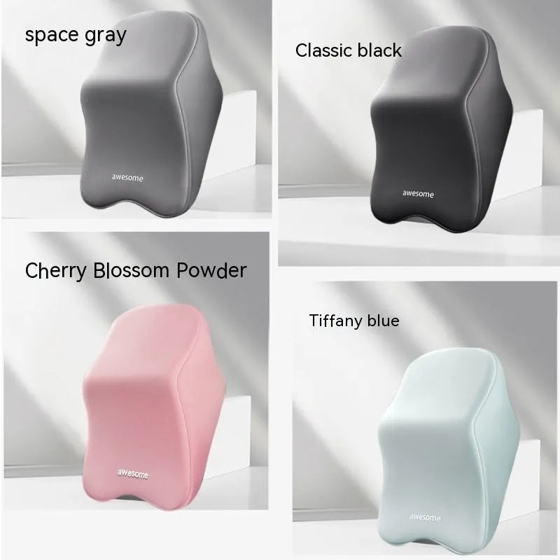 Car headrest and lumbar support pillow set in one of four colours: black, gray, blue, or pink, with memory foam filler.
